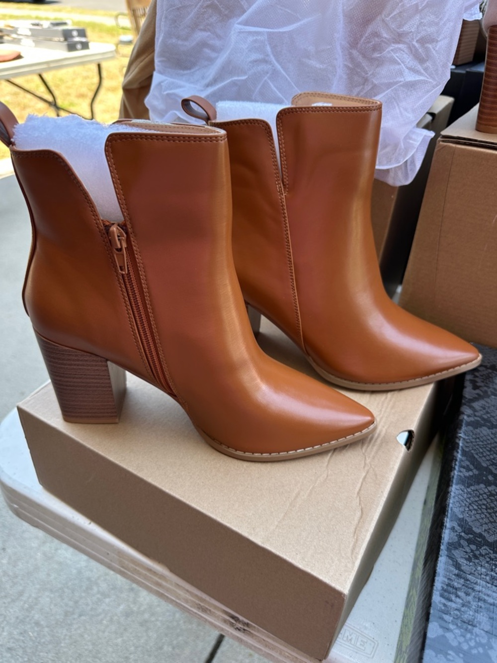 Women's Cognac Pointed Toe Block Heel Ankle Booties with Side Zip